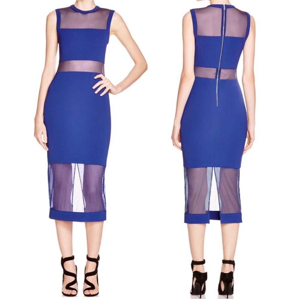 Alice + Olivia Karman Sheer Mesh Inset Sleeveless Sheath Dress Size 0 Indigo